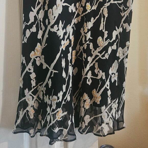 ice 100% Silk lined Beaded Black midi vintage skirt ruffle Y2K Elastic L - Picture 4 of 9